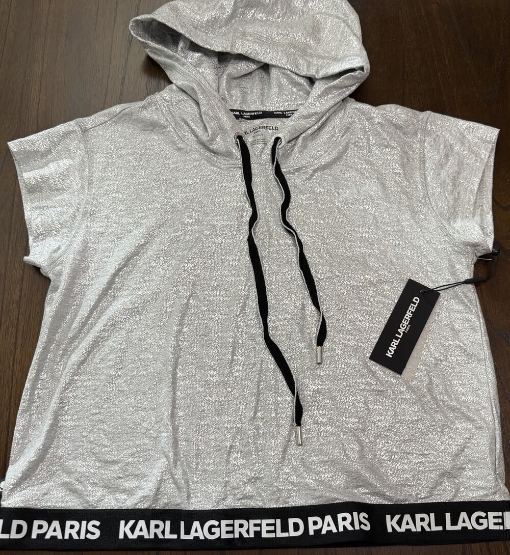 New KARL LAGERFELD PARIS Metallic Silver Club Hoodie Short Sleeve Logo Sz Medium